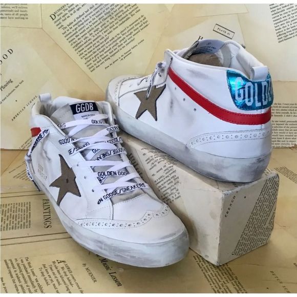 Golden Goose Mid Star White Leather Khaki Star Blue Red Logo Lace - Picture 2 of 9